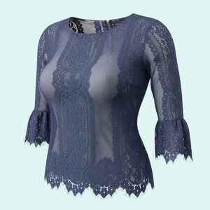ROMEO + JULIET couture Women's Blue Lace Bell Sleeve Blouse Top Size L